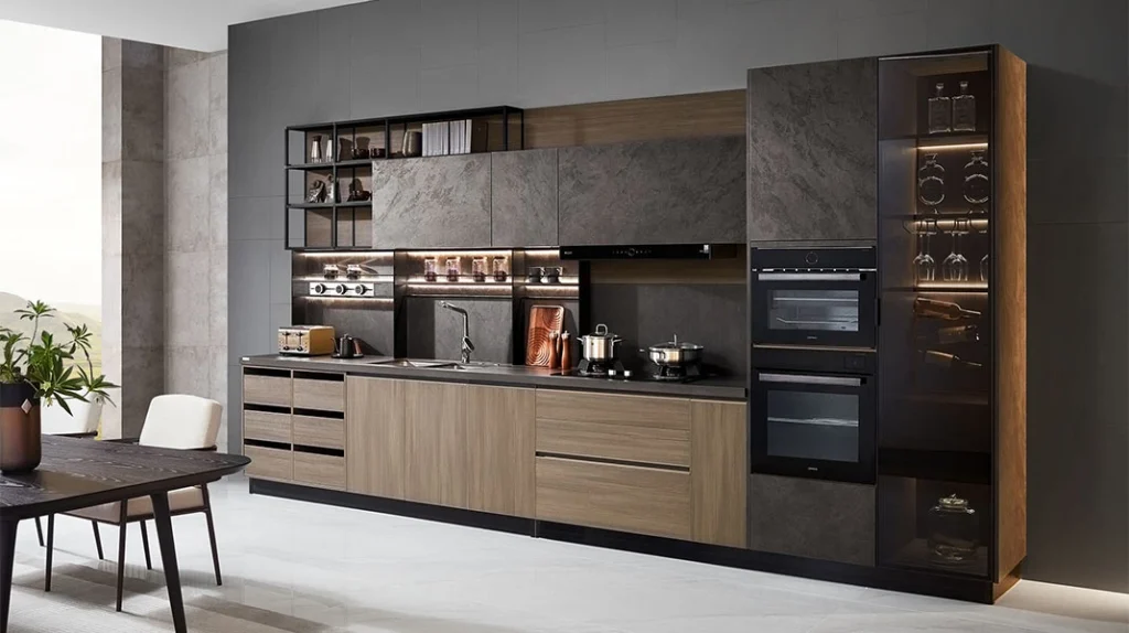 Tủ bếp hiện đại kết hợp giữa gỗ sồi và đá sa thạch