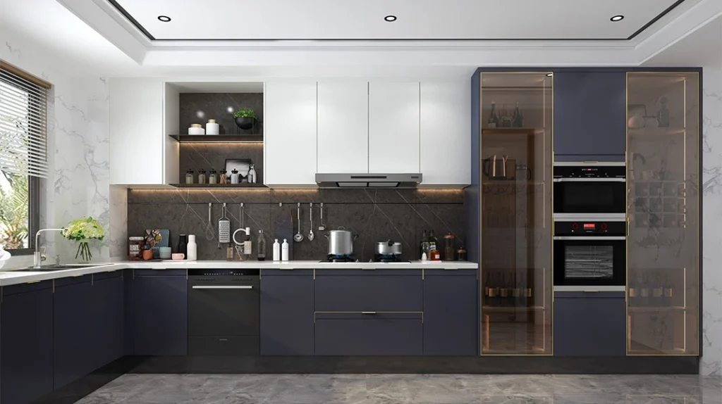 Tủ bếp đẹp 2 tông màu xanh Navy kết hợp với màu trắng