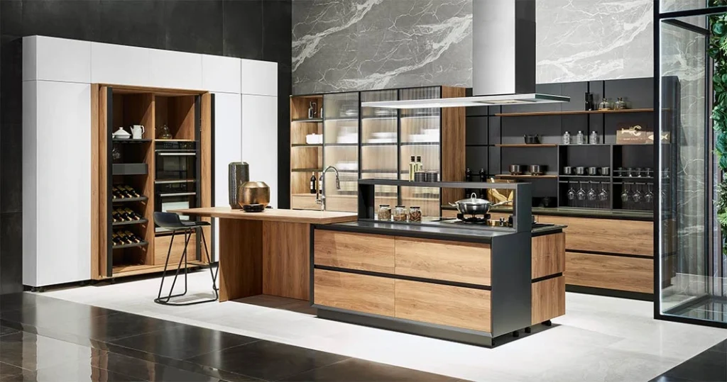 Tủ bếp gỗ óc chó kết hợp với thép màu đen