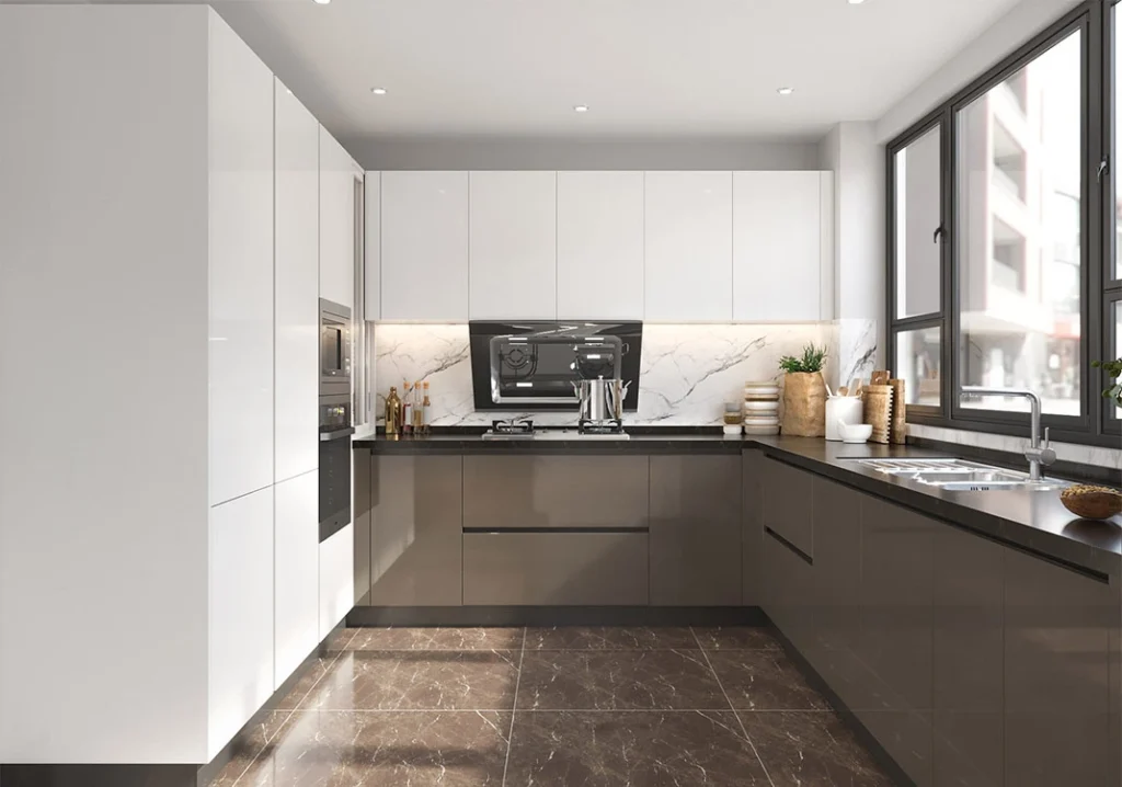 Tủ bếp màu nâu kết hợp với màu trắng kem