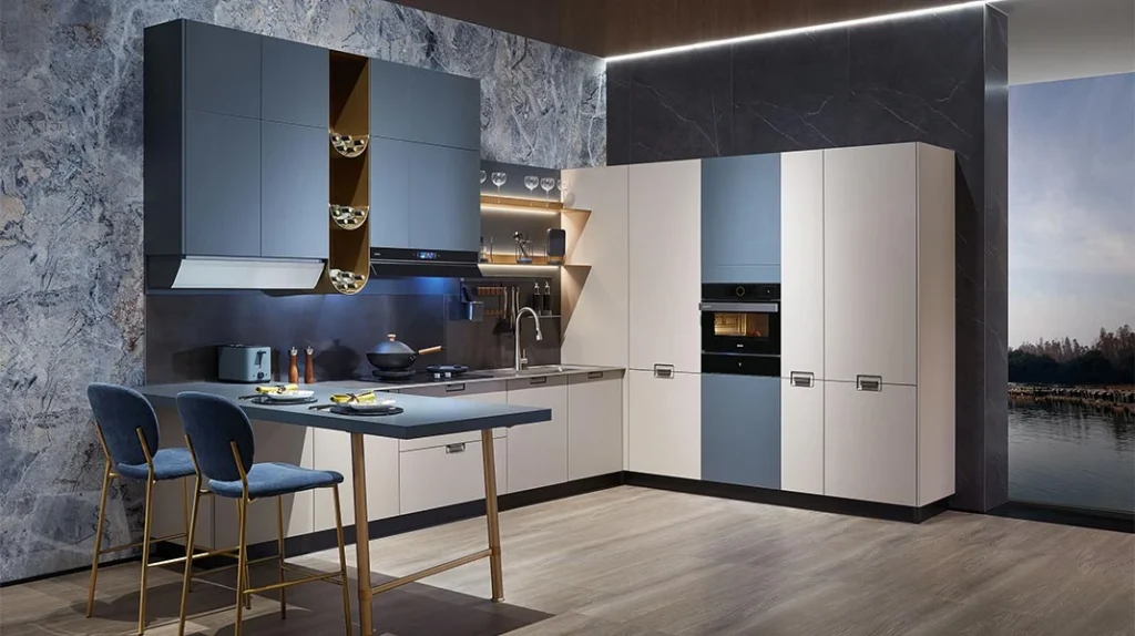 Tủ bếp đẹp với gam xanh Slate độc đáo kết hợp với xám nhạt