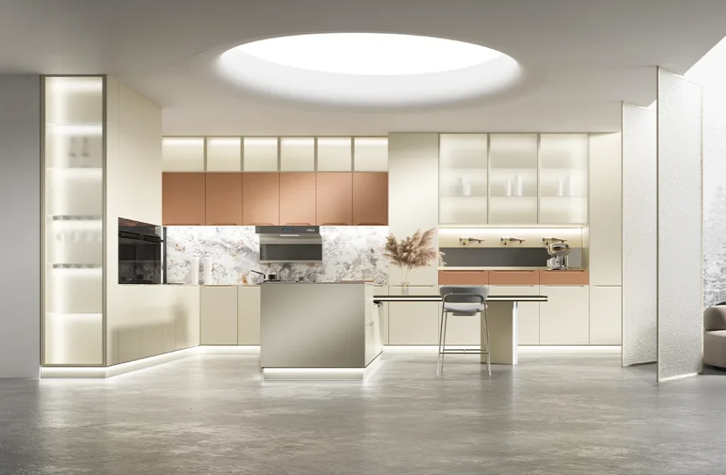 Tủ bếp hồng phấn kết hợp với trắng kem