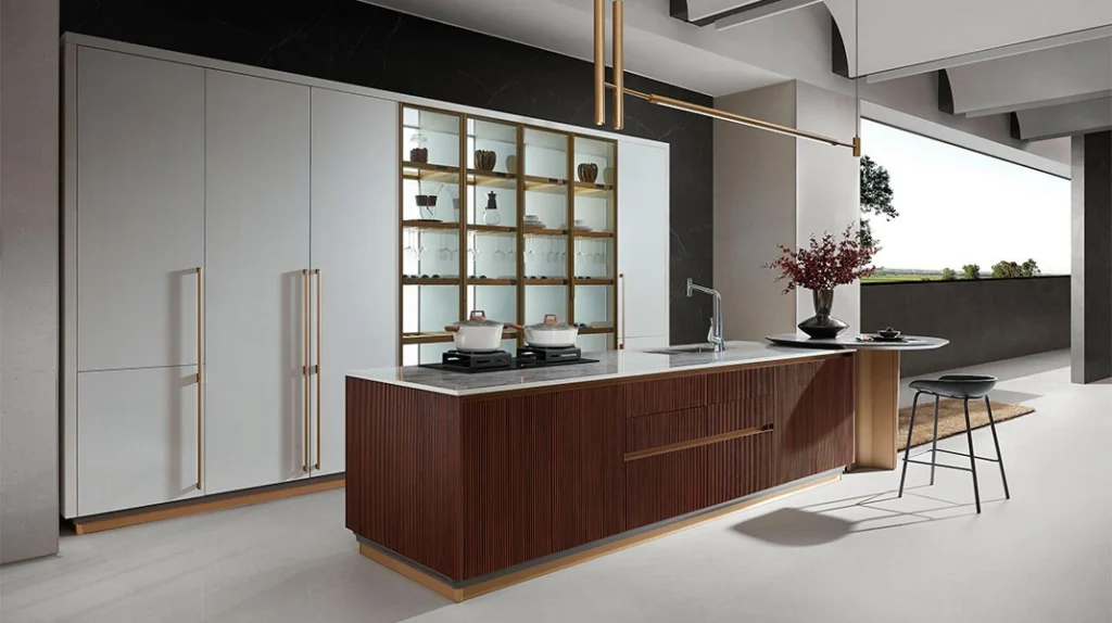 Tủ bếp đẹp màu trắng kết hợp với gỗ óc chó