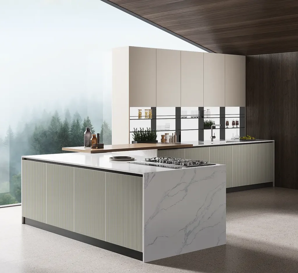 Tủ bếp hiện đại tối giản với gam màu trung tính, mang đến không gian bếp đẹp và đầy tinh tế giữa thiên nhiên.
