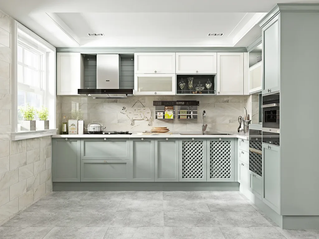 Tủ bếp đẹp màu xanh nhạt kết hợp trắng, mang đến không gian bếp tinh tế và hiện đại.
