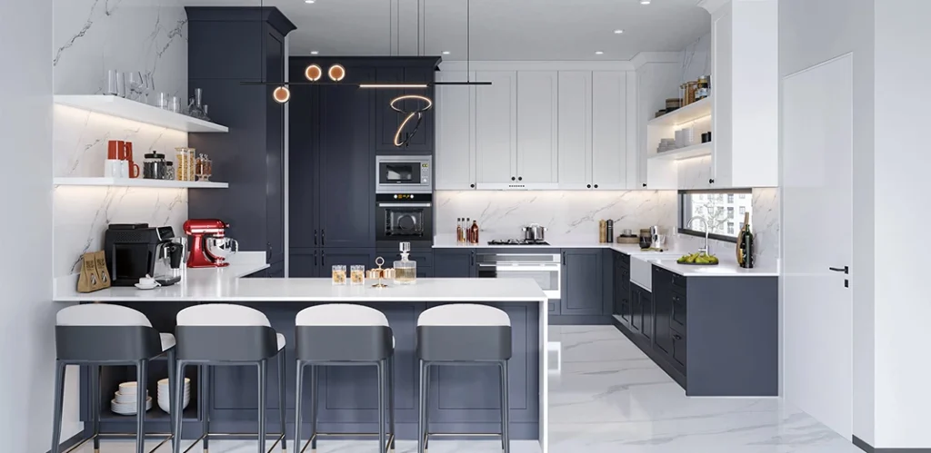 Không gian bếp với tông màu xanh đậm và trắng, làm bật lên vẻ sang trọng và hiện đại.
