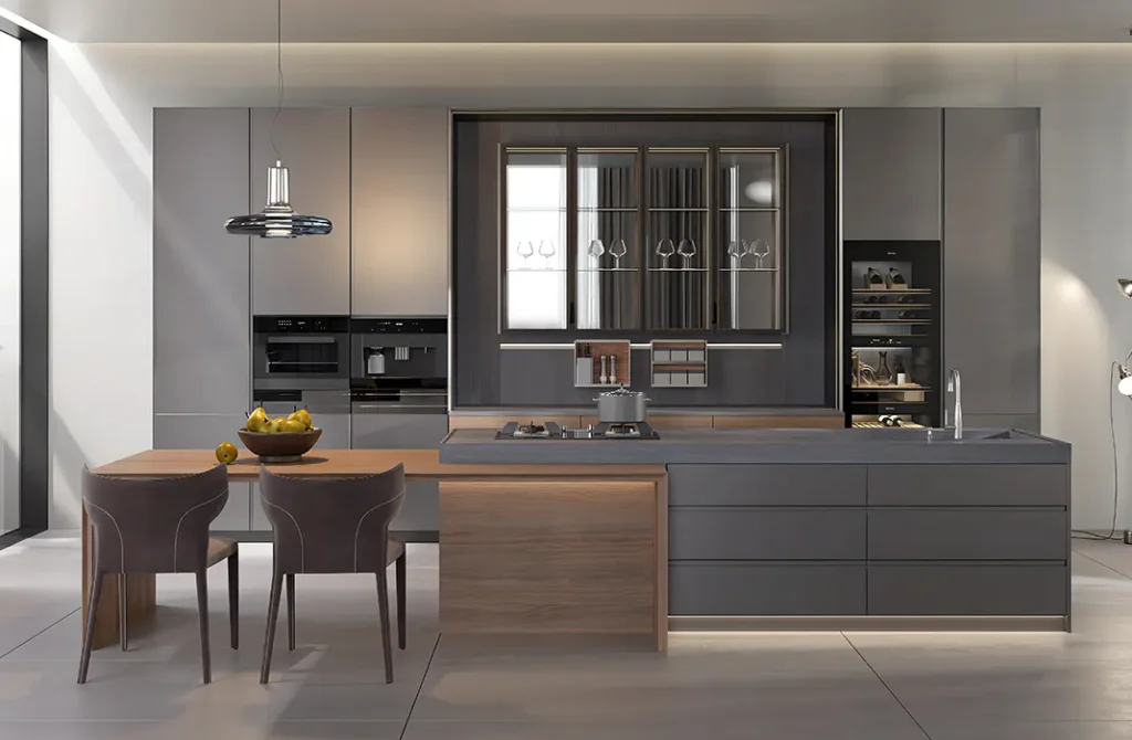 Tủ bếp đẹp tông xám than kết hợp với gỗ nâu hiện đại, mở ra một không gian sống đẳng cấp và tiện nghi.
