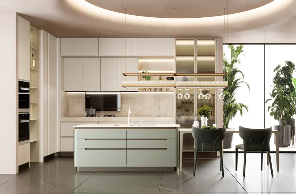 Tủ bếp kết hợp màu trắng kem và xanh nhẹ nhàng, khơi gợi không gian bếp tinh tế, thoáng đãng.
