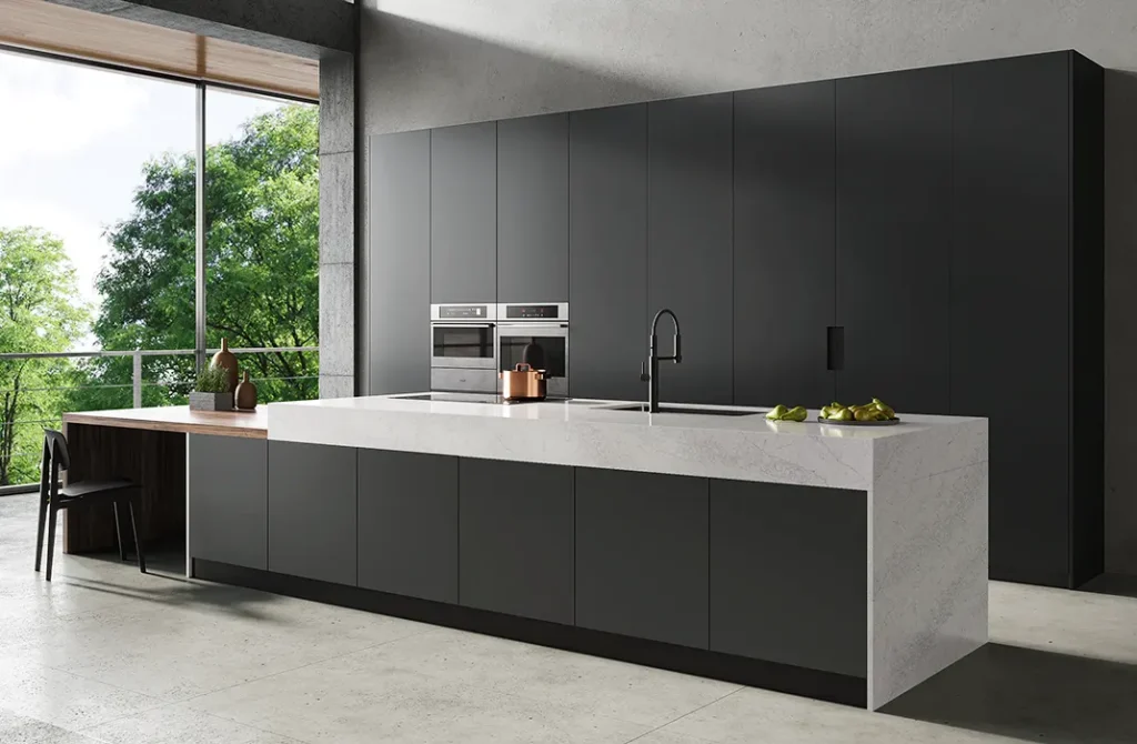 Tủ bếp hiện đại màu than xám đậm kết hợp mặt đá trắng.
