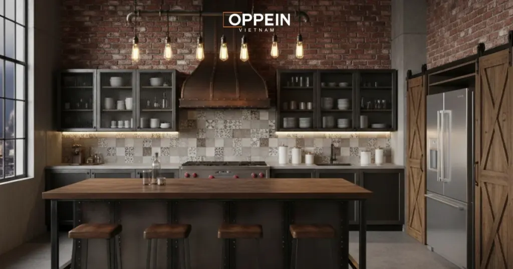 Mẫu tủ bếp chung cư phong cách Industrial (công nghiệp)