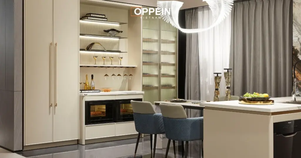 Mẫu tủ bếp chung cư tích hợp tủ trang trí
