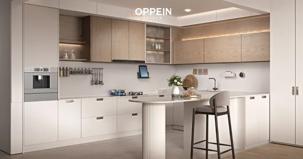 Mẫu tủ bếp chung cư 2 tầng