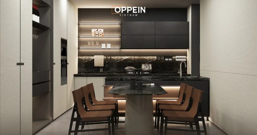 Mẫu tủ bếp chung cư 60m² với bàn đảo