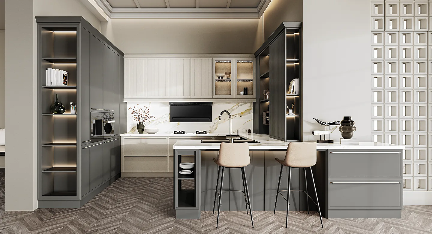 Tủ bếp cao cấp kiểu Mỹ màu xám hình chữ G thiết kế riêng – Viola