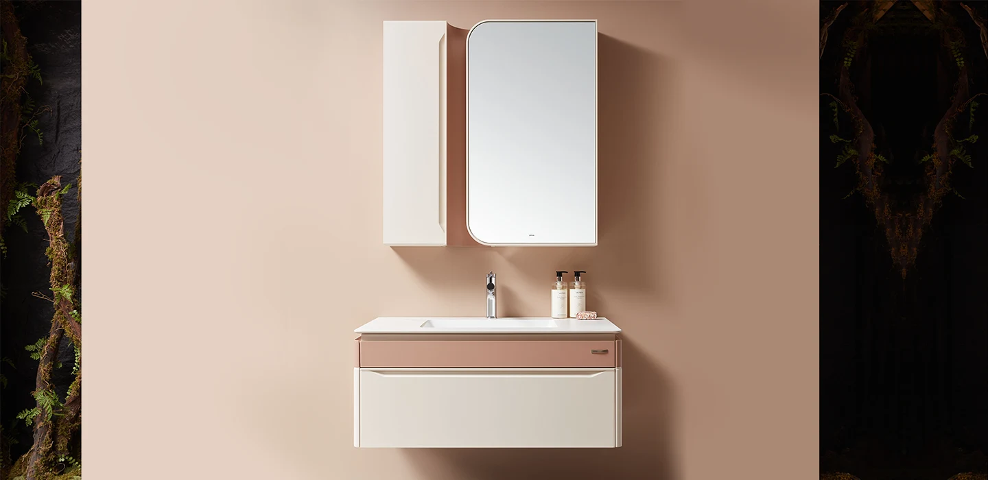 Tủ Lavabo treo tường cao cấp hiện đại màu kem tối giản