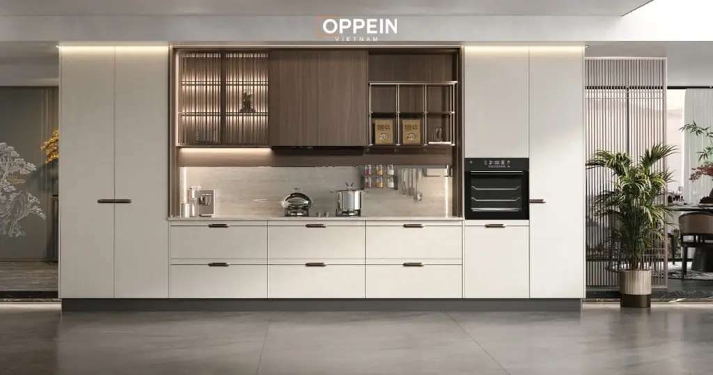 Mẫu tủ bếp chữ I giúp tiết kiệm không gian và tạo cảm giác gọn gàng
