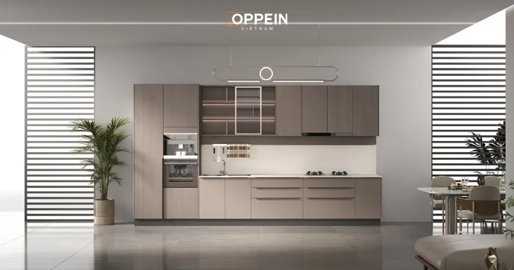 Mẫu tủ bếp chữ I phong cách Japandi