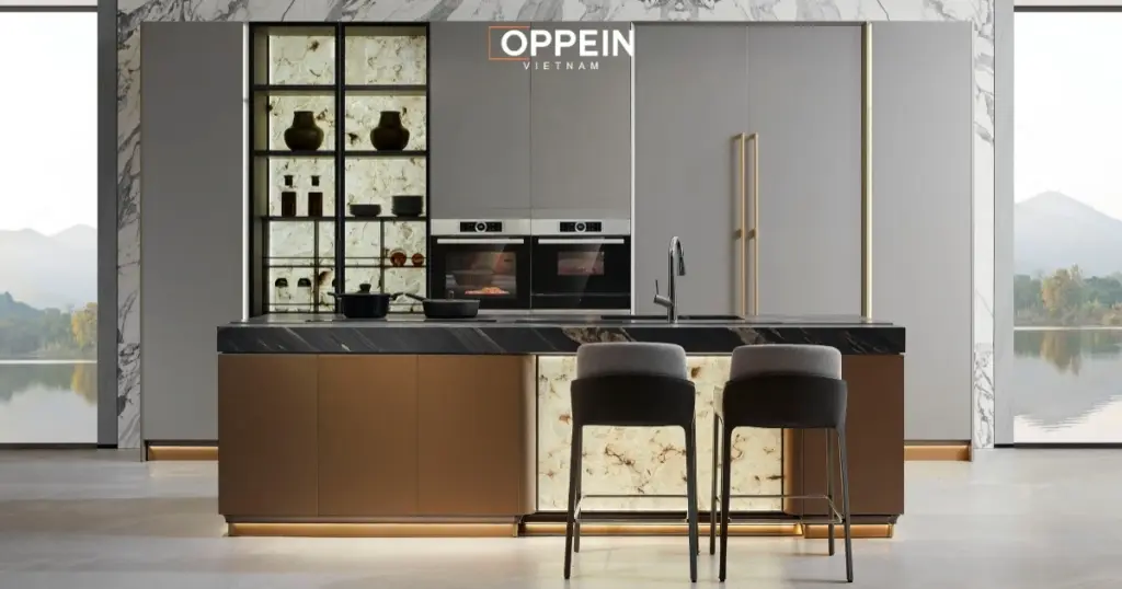 Mẫu tủ bếp chữ I gỗ tự nhiên
