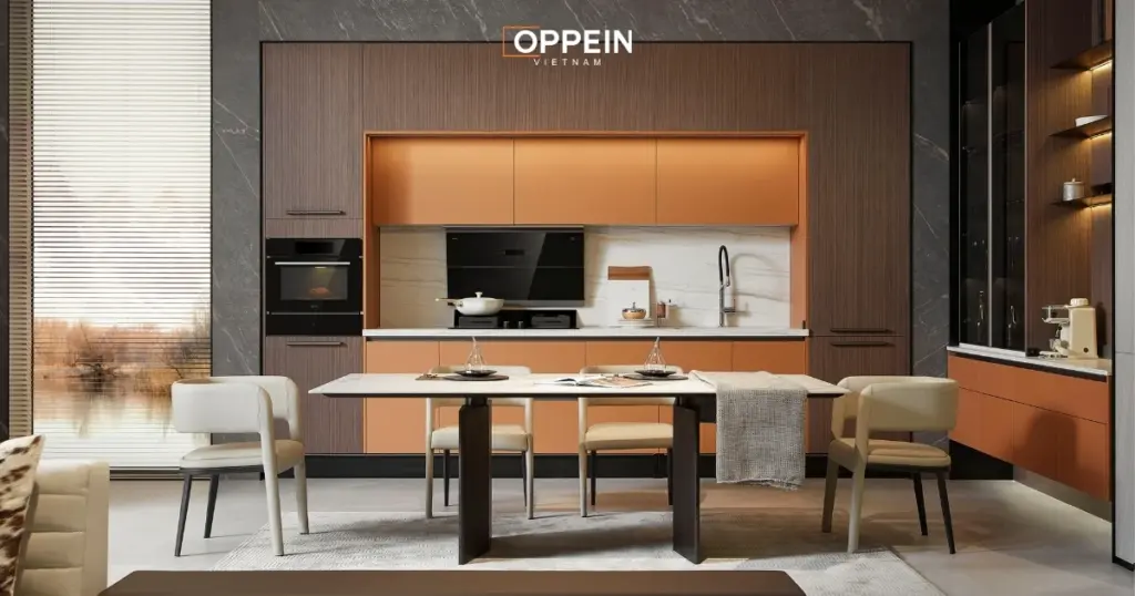 Mẫu tủ bếp chữ I Veneer
