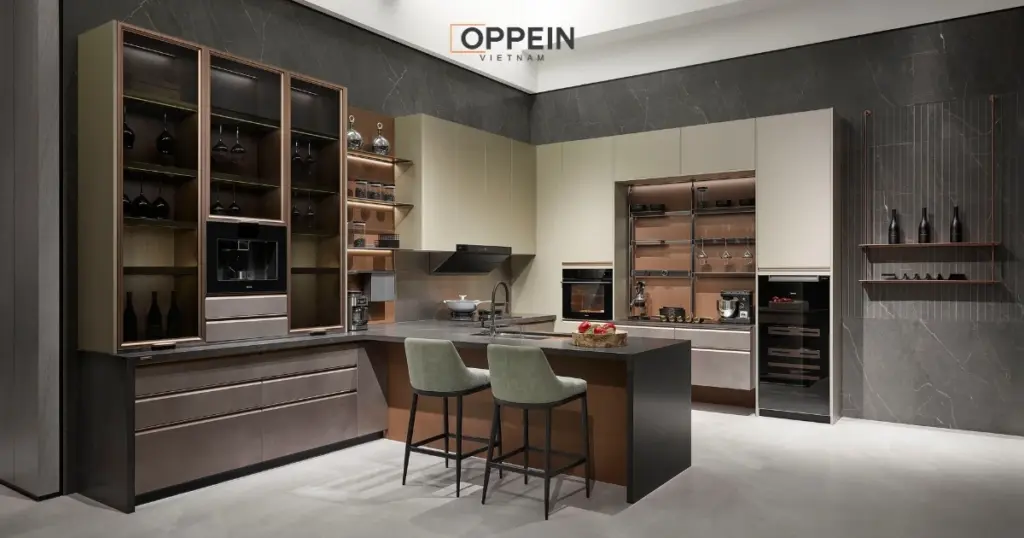 Mẫu tủ bếp chữ U kết hợp bàn đảo
