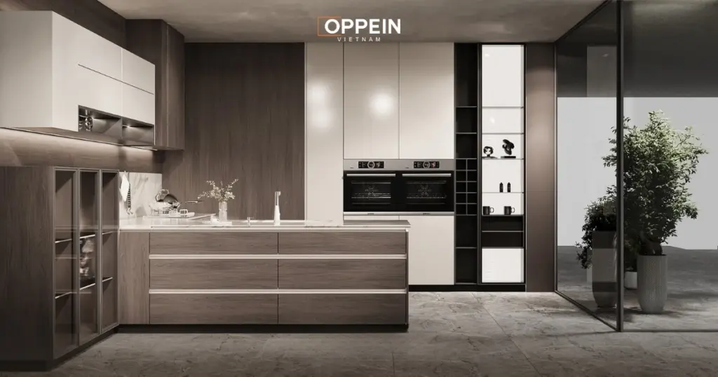 Mẫu tủ bếp chữ U làm từ gỗ tự nhiên
