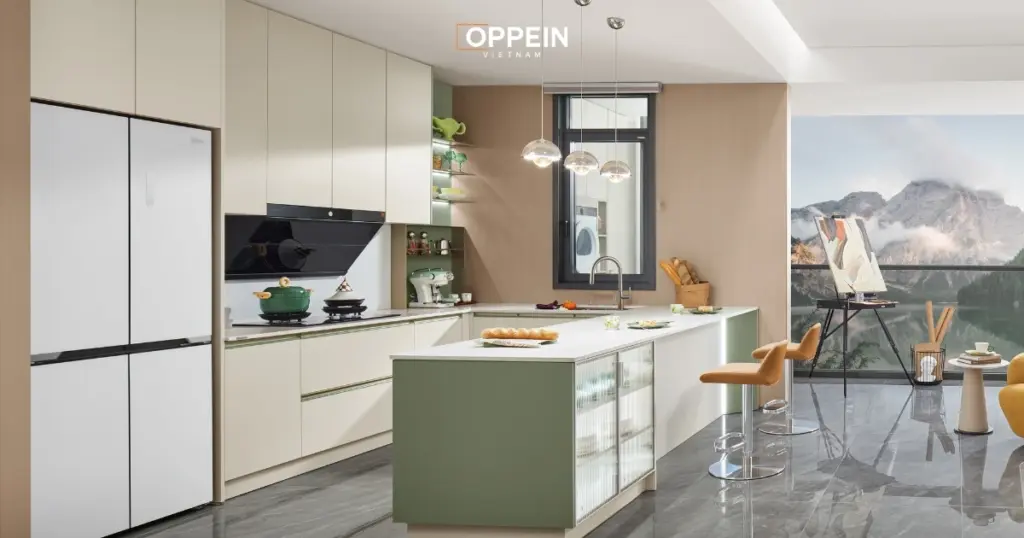 Mẫu tủ bếp gỗ có bàn đảo
