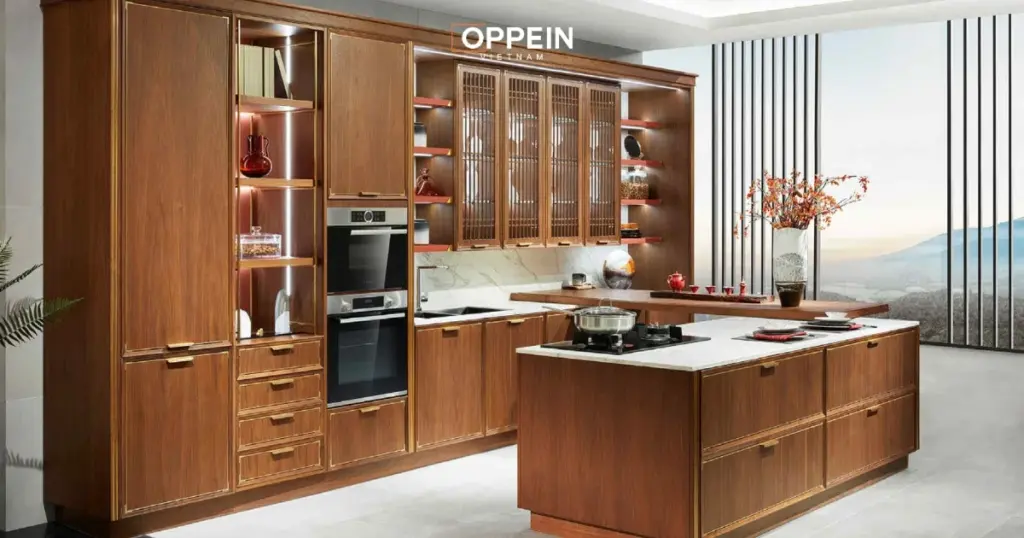 Mẫu tủ bếp gỗ tân cổ điển
