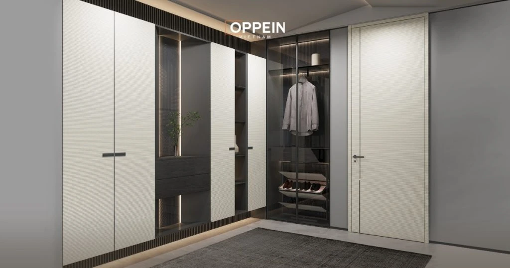 Mẫu tủ quần áo chữ L cửa mở truyền thống