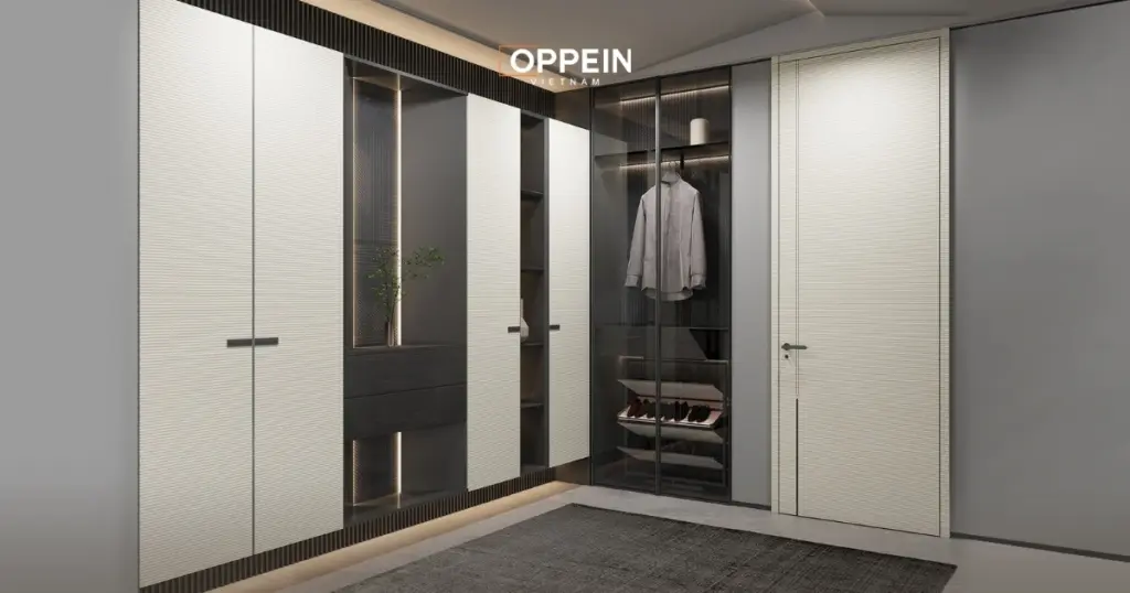 Mẫu tủ quần áo chữ L cửa mở truyền thống