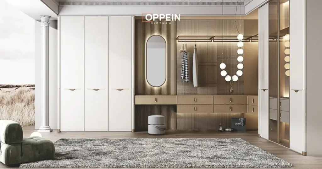 Mẫu tủ quần áo chữ L kết hợp bàn làm việc, bàn trang điểm