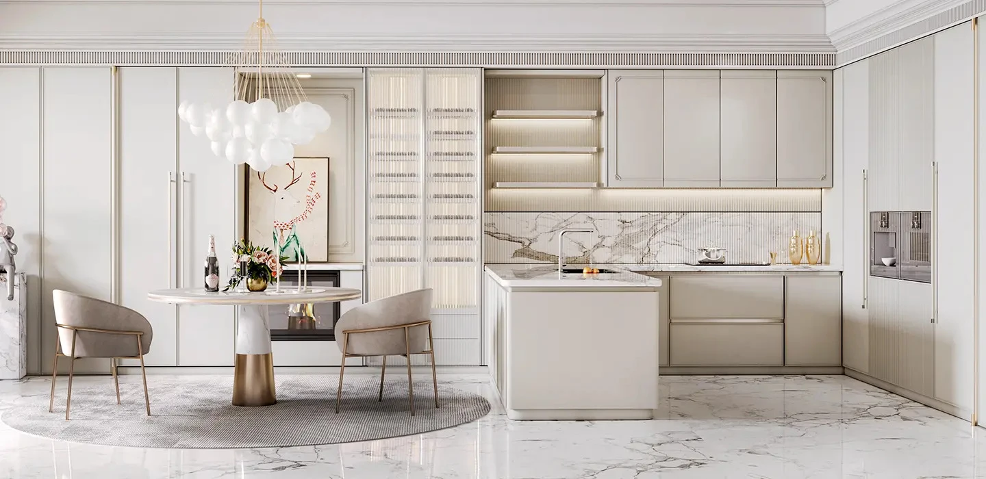 Tủ bếp gỗ MDF màu xám hiện đại phong cách Pháp – SICILIAN HOLIDAY