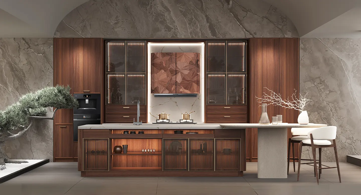 Tủ bếp cao cấp hiện đại gỗ óc chó có đảo bếp – Tangfu II