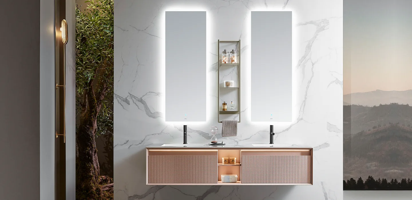 Tủ Lavabo đôi treo tường cao cấp hiện đại màu hồng