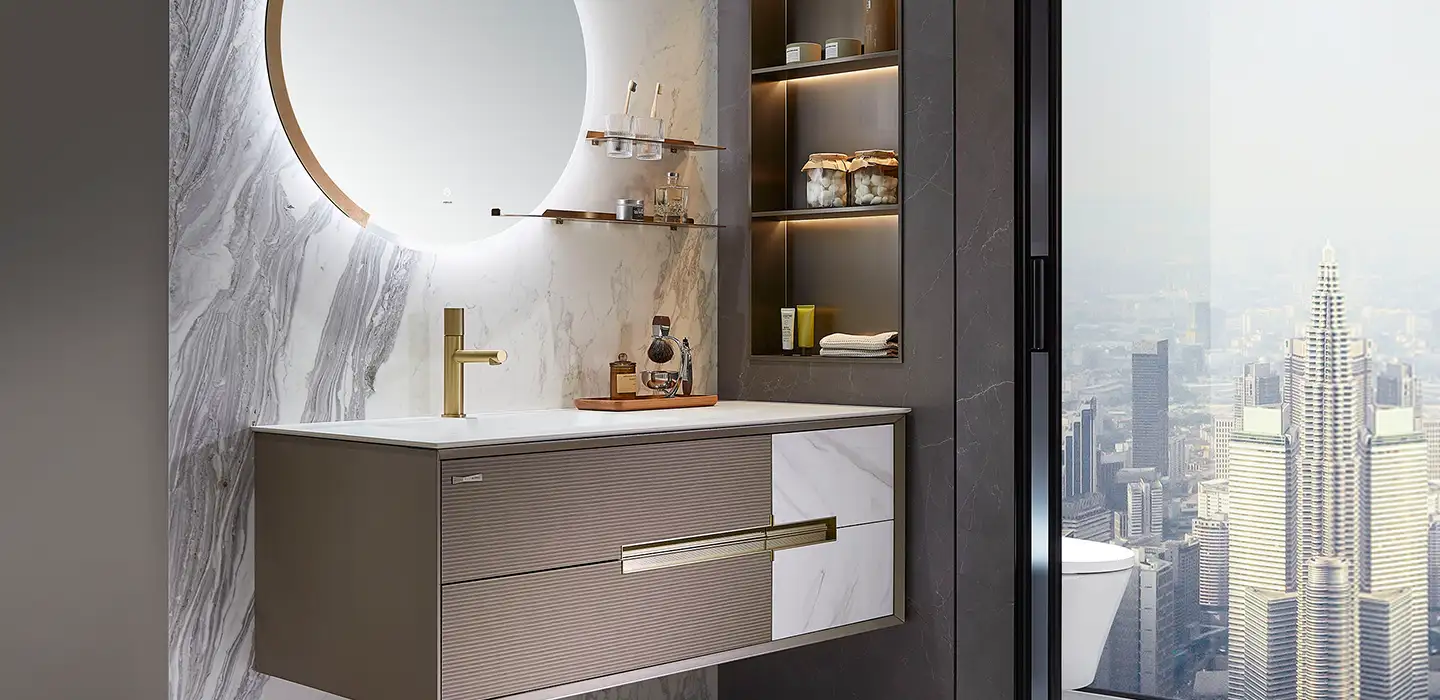 Tủ Lavabo treo tường hiện đại màu nâu với mặt đá màu trắng