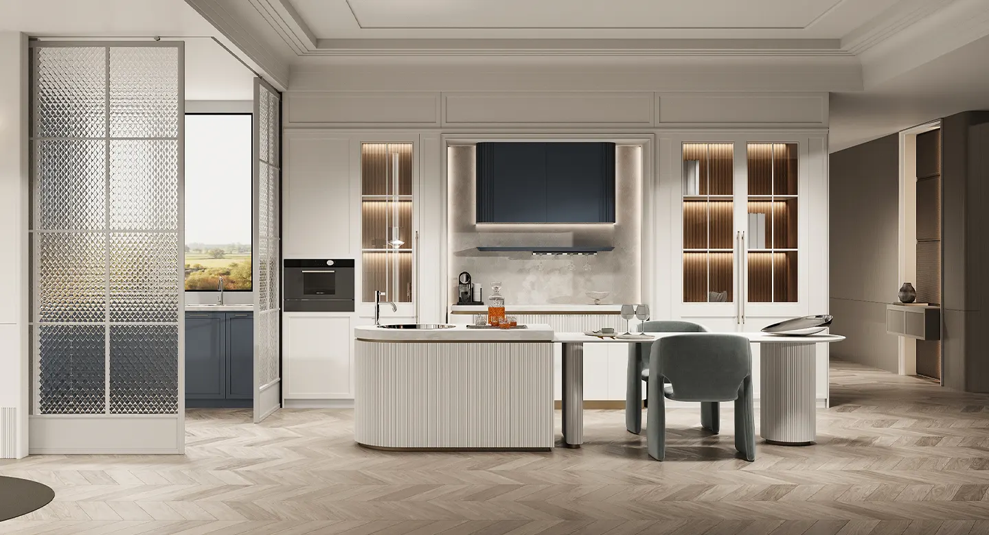 Tủ bếp hiện đại pha cổ điển Shaker xanh và trắng kem – FILOLI