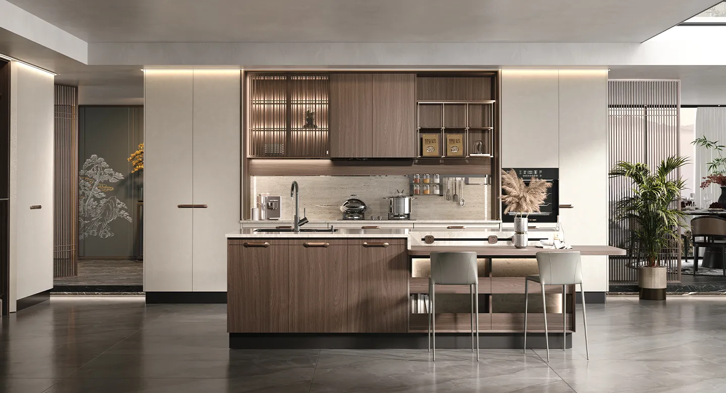 Tủ bếp cao cấp gỗ óc chó có đảo bếp – Yunqi