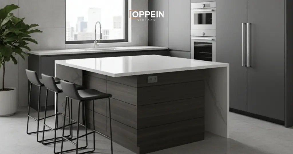 Đảo bếp hình vuông phù hợp với không gian nhỏ gọn
