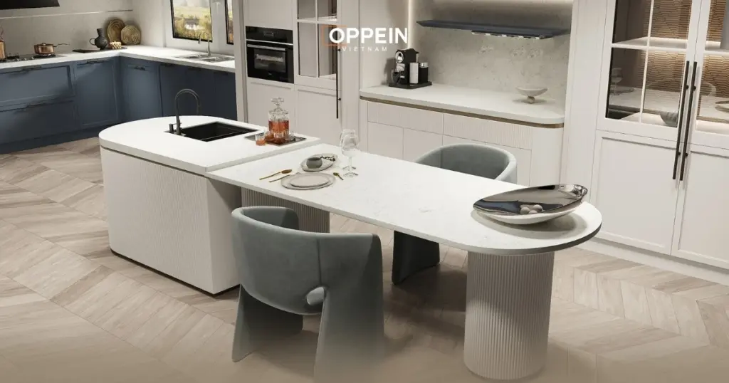 Đảo bếp oval, bo cong giảm thiểu nguy cơ va chạm
