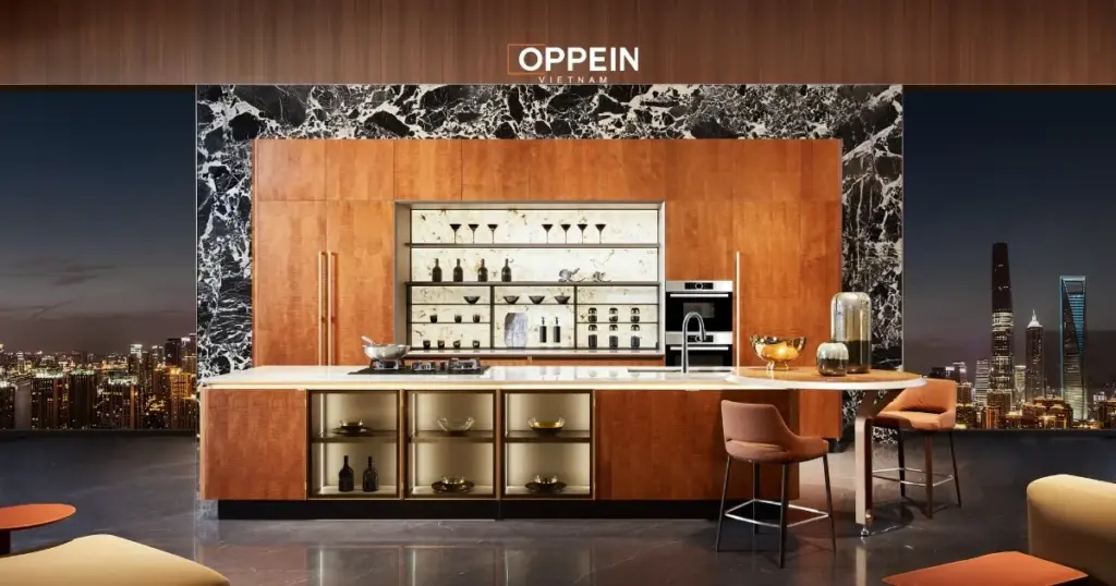 Đảo bếp kết hợp tủ trang trí là một giải pháp thiết kế bếp hiện đại
