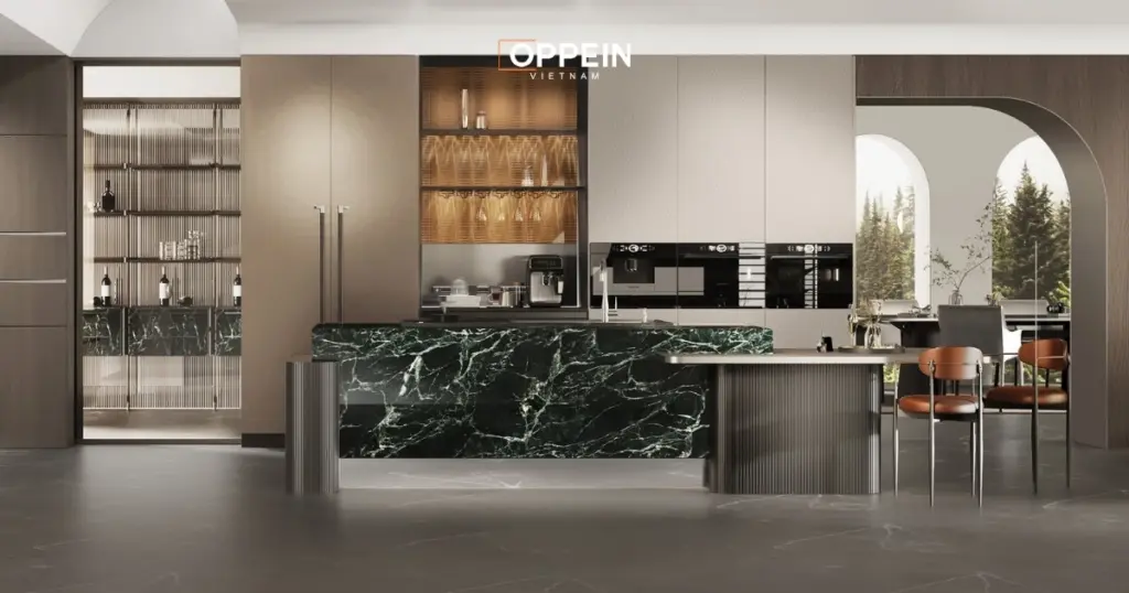 Bàn đảo bếp mặt đá sang trọng tăng tính thẩm mỹ và tiện ích cho không gian bếp
