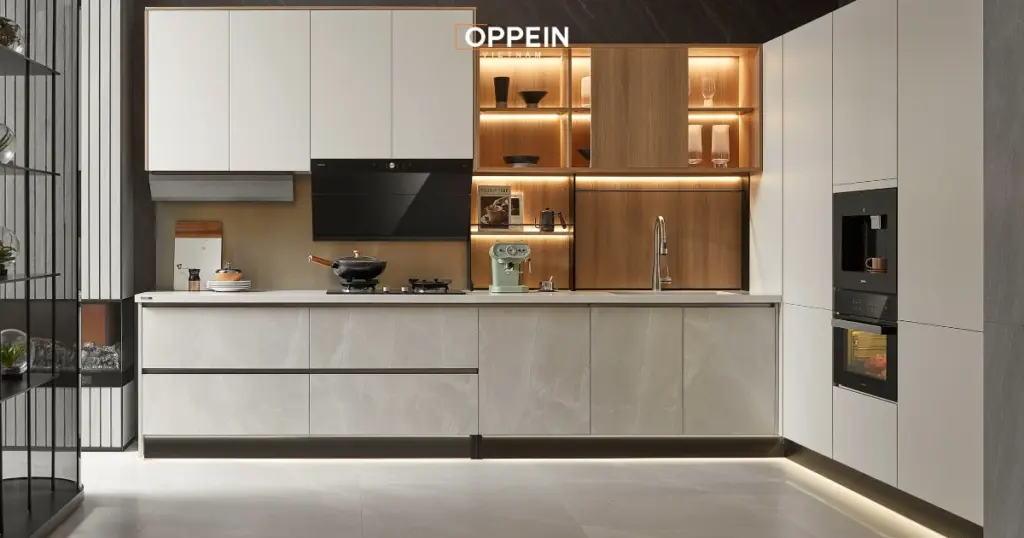 Phối màu tủ bếp chữ L AURORA
