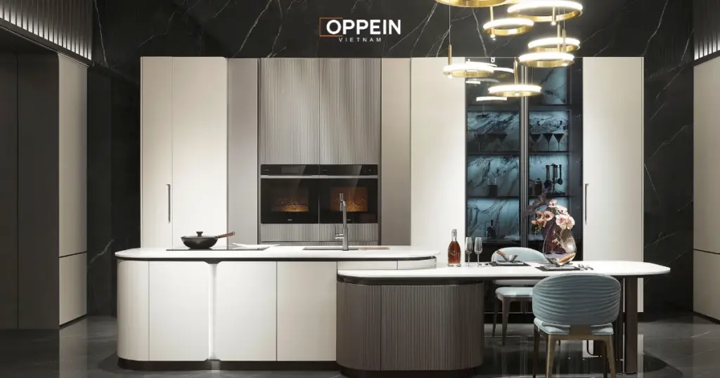 Phối màu tủ bếp chữ I có đảo VELA
