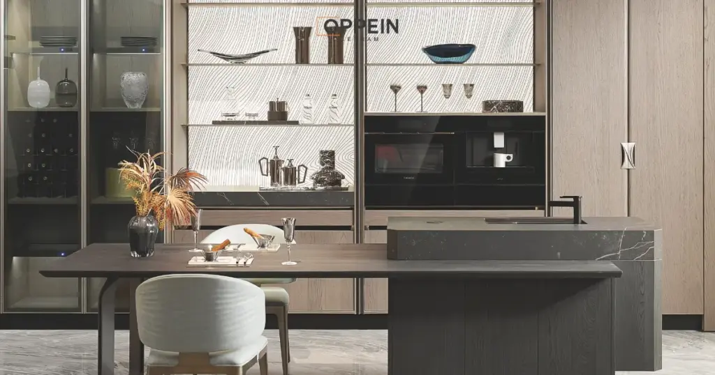 Phối màu tủ bếp chữ L có đảo HESSEN
