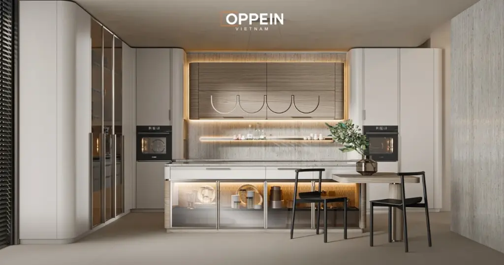 Tủ bếp tông xám, trắng hiện đại
