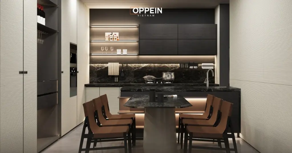 Tủ bếp phối màu hòa quyện giữa màu đen và sắc vàng sang trọng
