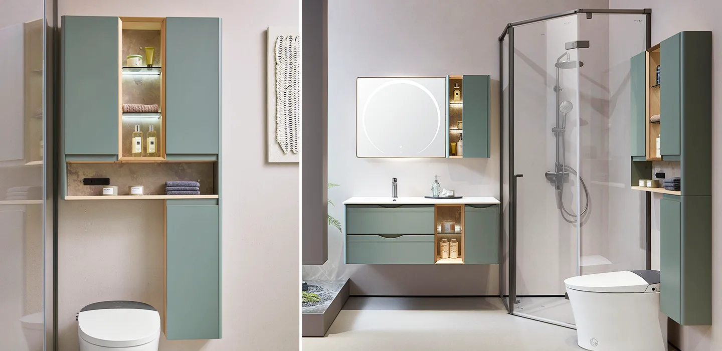 Tủ Lavabo treo tường cao cấp hiện đại màu xanh với mặt đá trắng