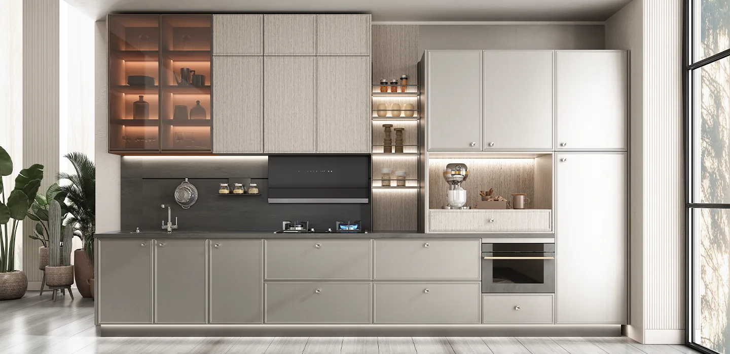 Tủ bếp âm tường PVC màu xám thiết kế một vách – FEICHE