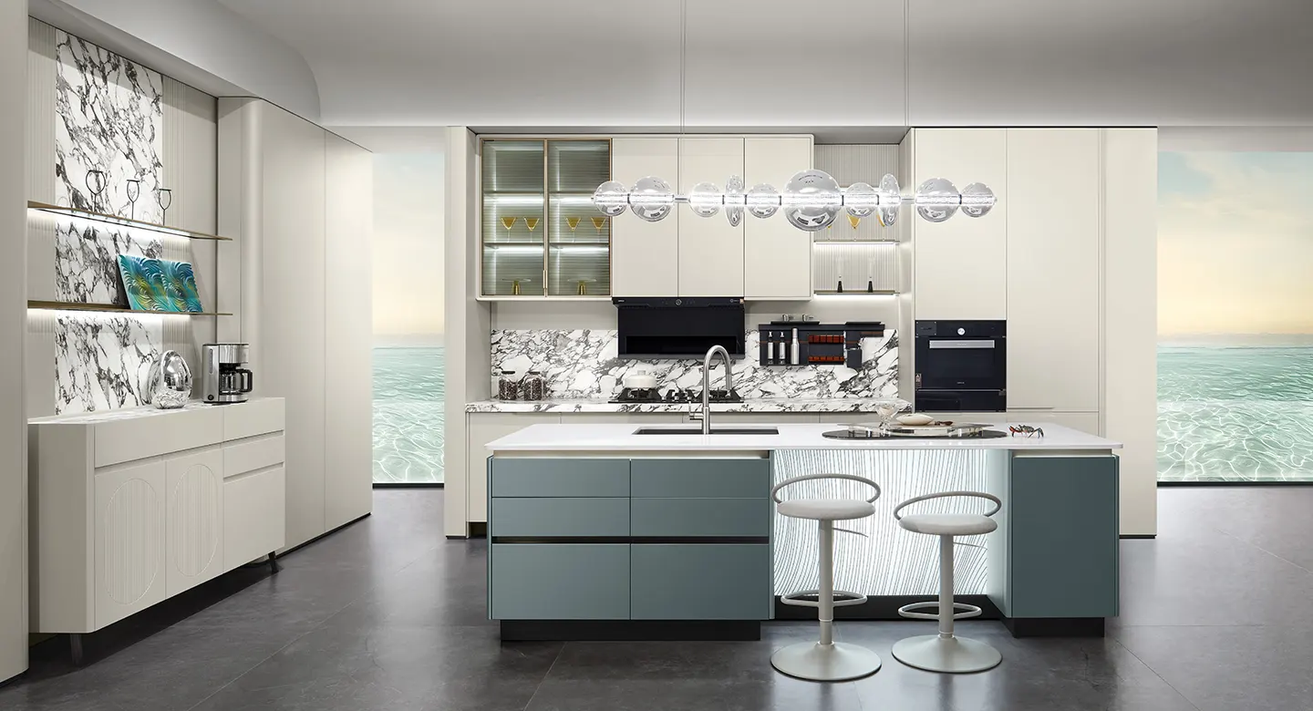 Giải pháp nội thất toàn diện sơn mài xanh teal kết hợp màu trắng dịu