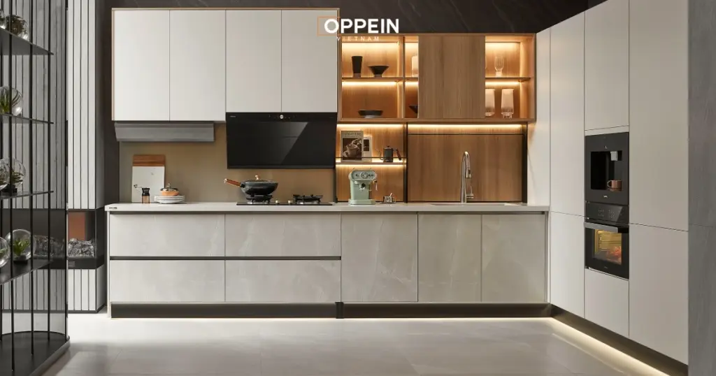 Mẫu tủ bếp cao cấp nhập khẩu chữ L
