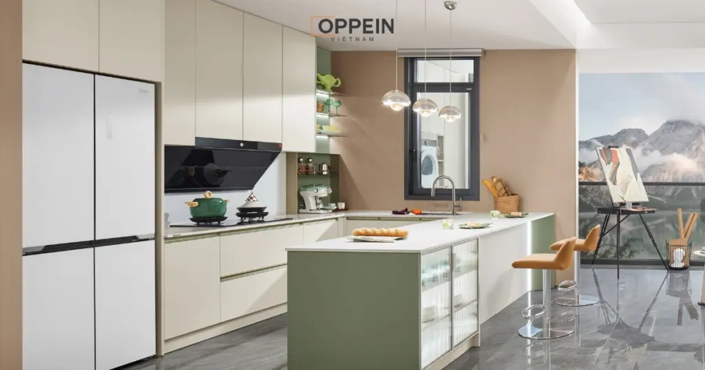 Tủ bếp cao cấp nhập khẩu chữ I có đảo bếp
